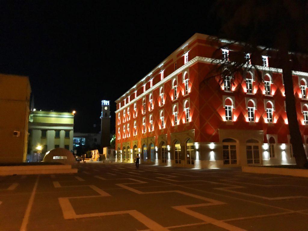Streets of Tirana, Albania at night.