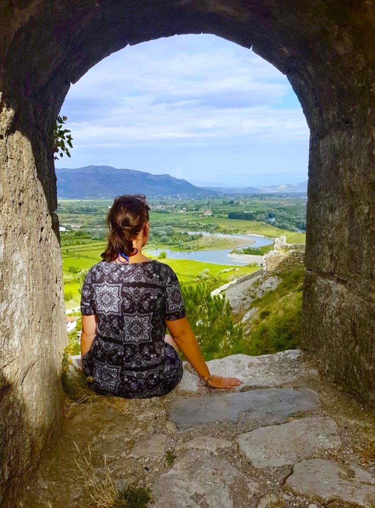 Woman looking at view of Shkoder Albania from Rozafa Castle, Shkodra