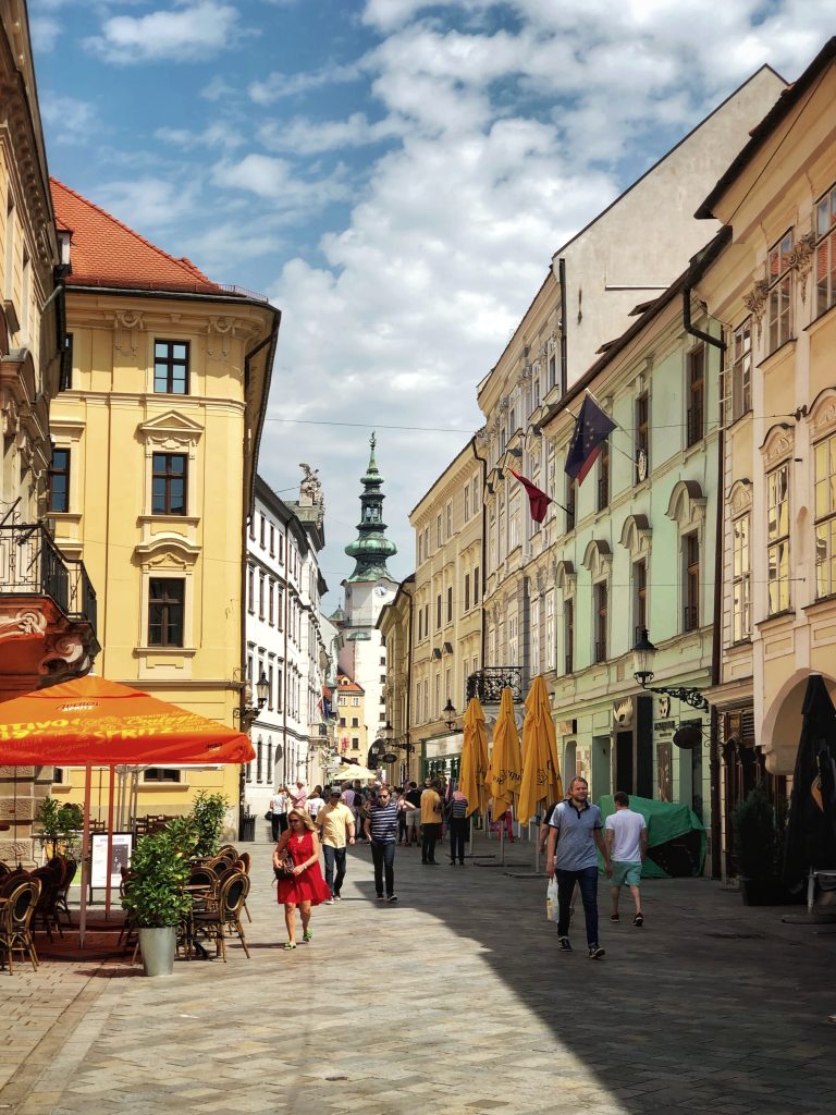 A colourful street in the old town of Bratislava, Slovakia