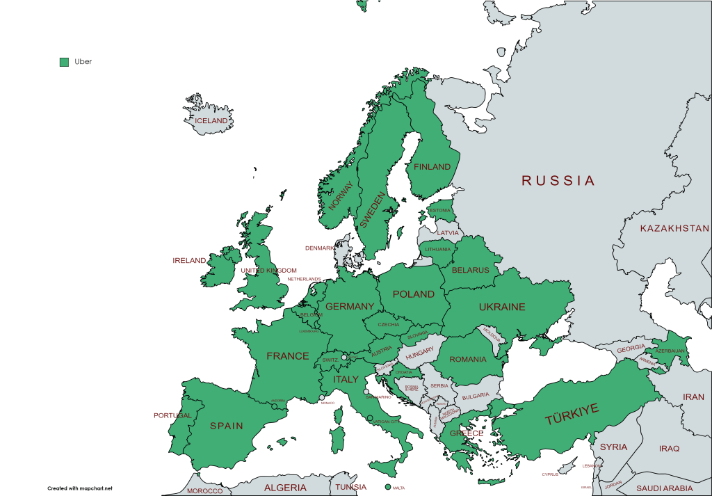 Map to show Uber in Europe. Countries that Uber operates in are coloured in green