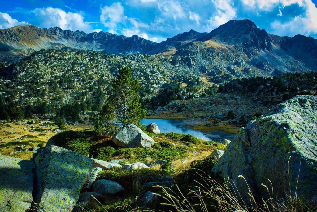 A landscape shot of the countryside in Andorra. There is a beautiful lake surrounded by mountains and pine trees. 