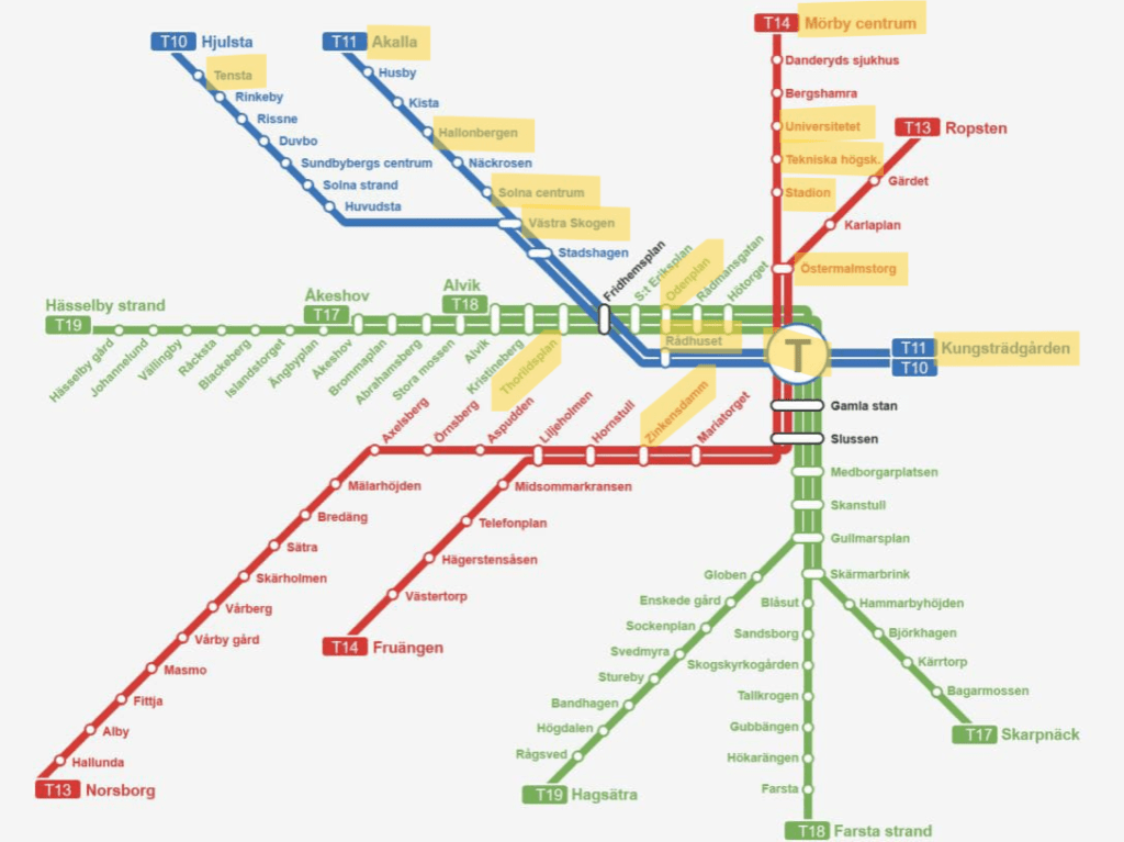 A map of Stockholm's metro system. I've highlighted the 16 best Stockholm metro stations for art 