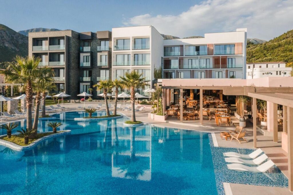 Miamar luxury hotel himare albania. The hotel has a large pool with sunloungers