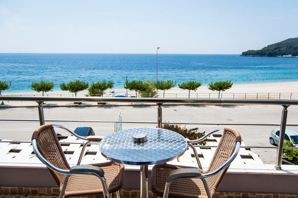 view from the balcony. you can see that the hotel is across the street from the main beach in himare