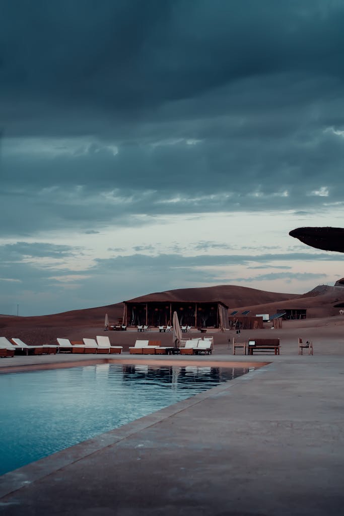 Swimming Pool in the Desert at the Agafay Luxury Campsite in Morocco. Best Agafay desert tours from Marrakech