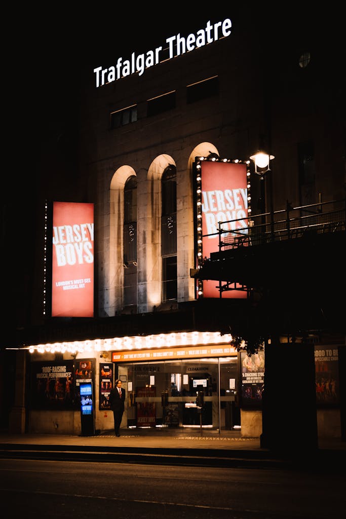 Facade of Trafalgar Theatre in London at Night