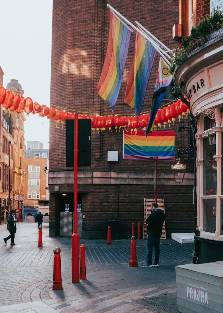 Red Lanterns and Rainbow Flags in the Street of London