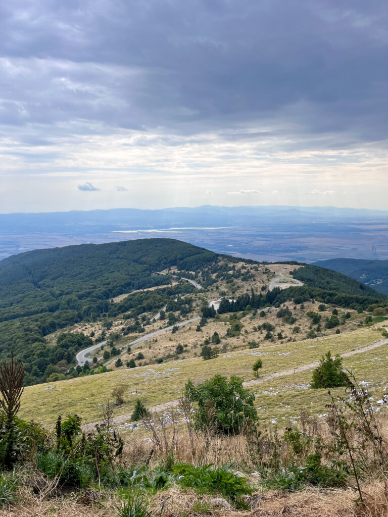 View from the top of a mountain in Bulgaria. there are hills covered with trees stretching far into the distance