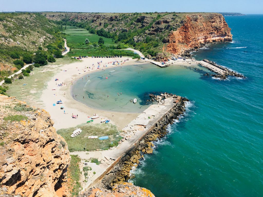 Stunning aerial photograph of crystal-clear waters and sandy Bolata Beach in Dobrich, Bulgaria.